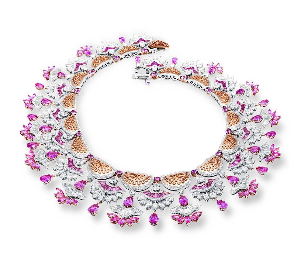 Necklace in Fairmined-certified ethical 18-carat white or rose gold set with pink sapphires (78.91 cts) and diamonds (57.09 cts). Ref. 818659-9001 pink gold and pink sapphire
