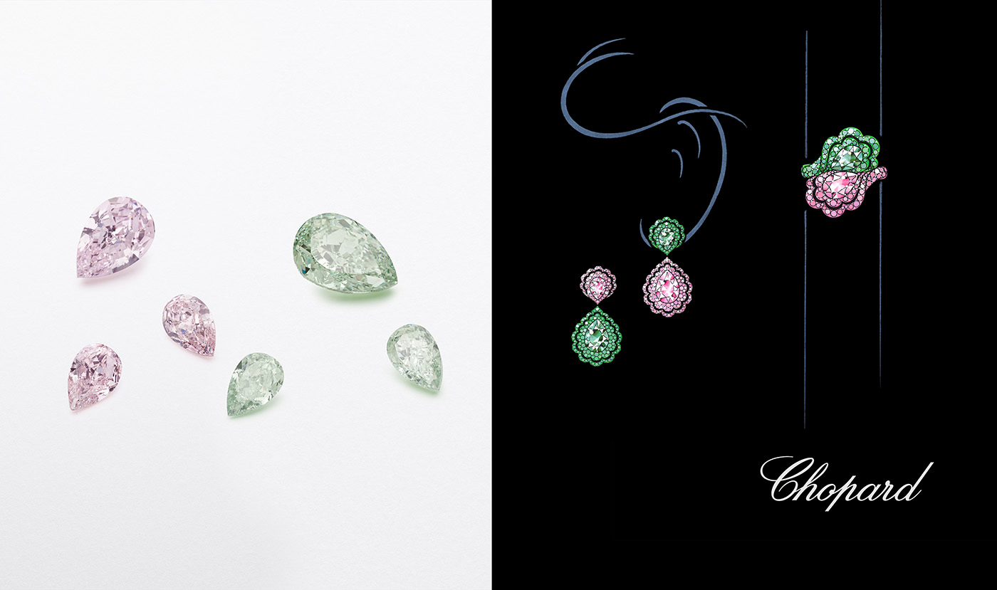 Sketch Green and Pink Diamonds 'You and Me' ring-earrings-the-edge-mag green and pink diamonds, Chopard