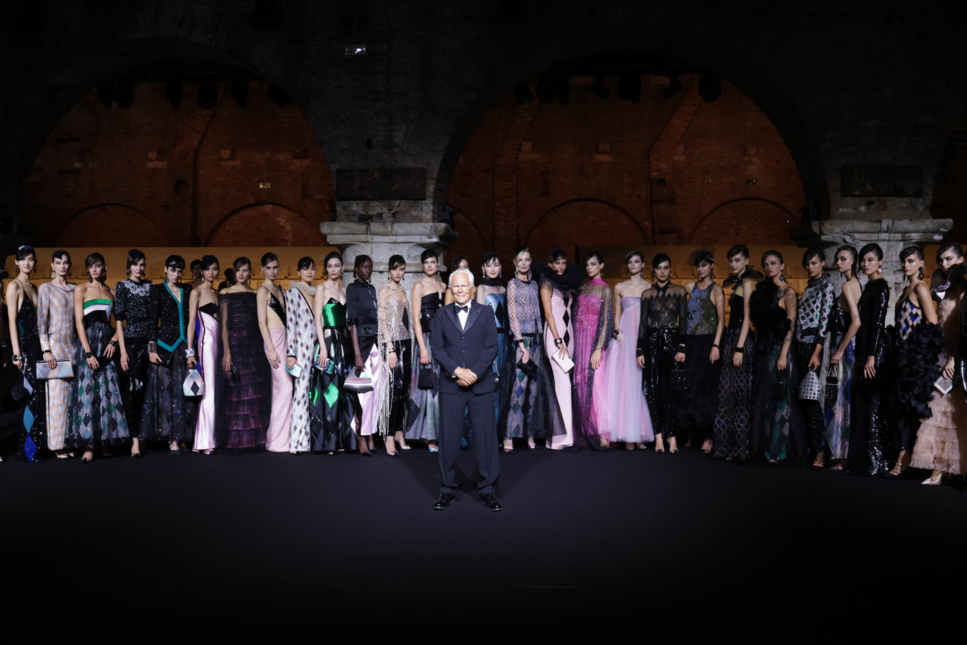 Giorgio Armani and his models at the One Night Only Venezia event during the 80th Mostra , photo by Marco Tassini for EDGE magazine