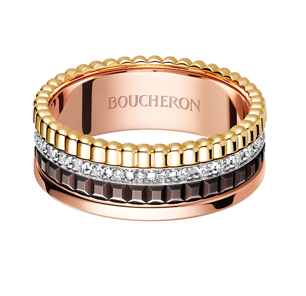 BOUCHERON - edge-magazine-Quatre Classique small ring, paved with diamonds, in yellow gold, white gold, pink gold and brown PVD