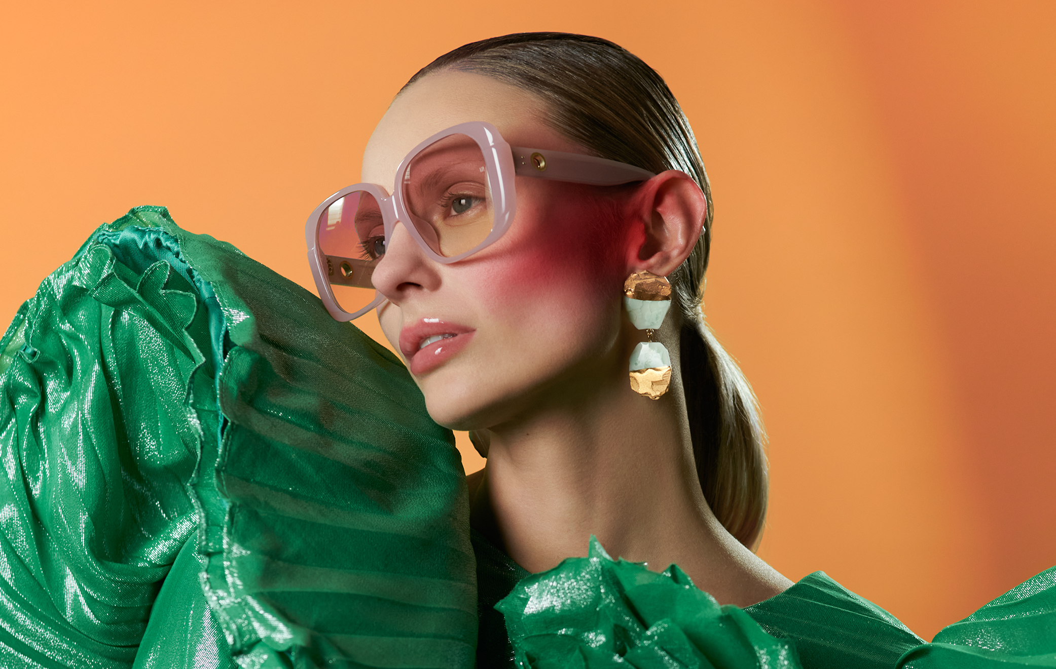 Lena Erziak, Linda Farrow, Jordane Somville Sunglasses: Linda Farrow Dress: Lena Erziak Jewels: Jordane Somville Make-up: ILIA Balmy Gloss /Petals; Multi Stick A Fine Romance; Dear Ruby by Tiphaine Molinario for EDGE mag