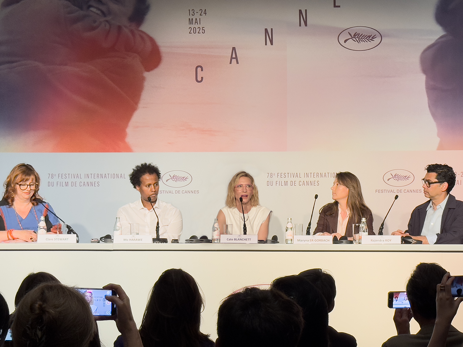 Clare Stewart, Mo Harawe, Cate Blanchett, Maryna Er Gorbach and Rejandra Roy, the Displacement Fund panel at the Cannes film festival, by Alexandra Ivancenco Mas