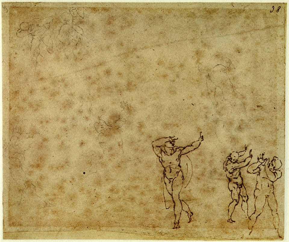 Study of Three Nudes for a Transfiguration, executed in pen with brown ink and black pencil, by Michelangelo courtesy Casa Buonarroti , Michelangelo
