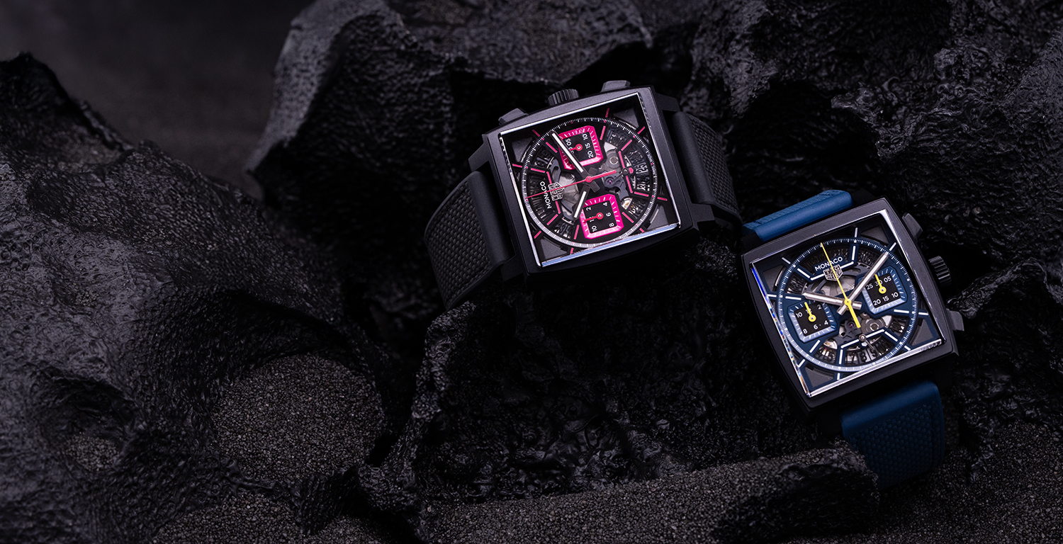 TAG Heuer Monaco Skeleton Chronographs Automatic, 39 mm, Matte black DLC-coated titanium, photo by Marco Tassini for the edge mag